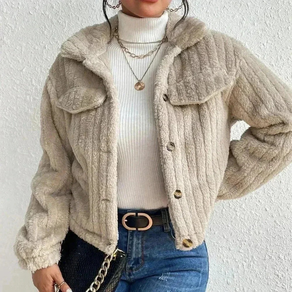 Jackets & Blazers - Apricot Casual Women's Flap Detail Fluffy Jacket